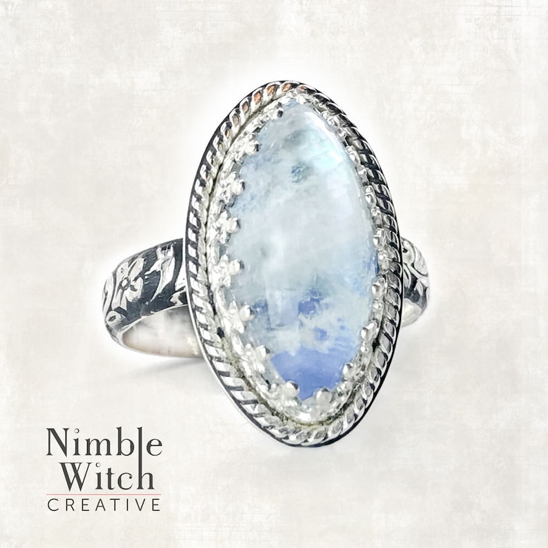 Rainbow moonstone ring Custom made to size. marquise cut gemstone in vintage style sterling silver