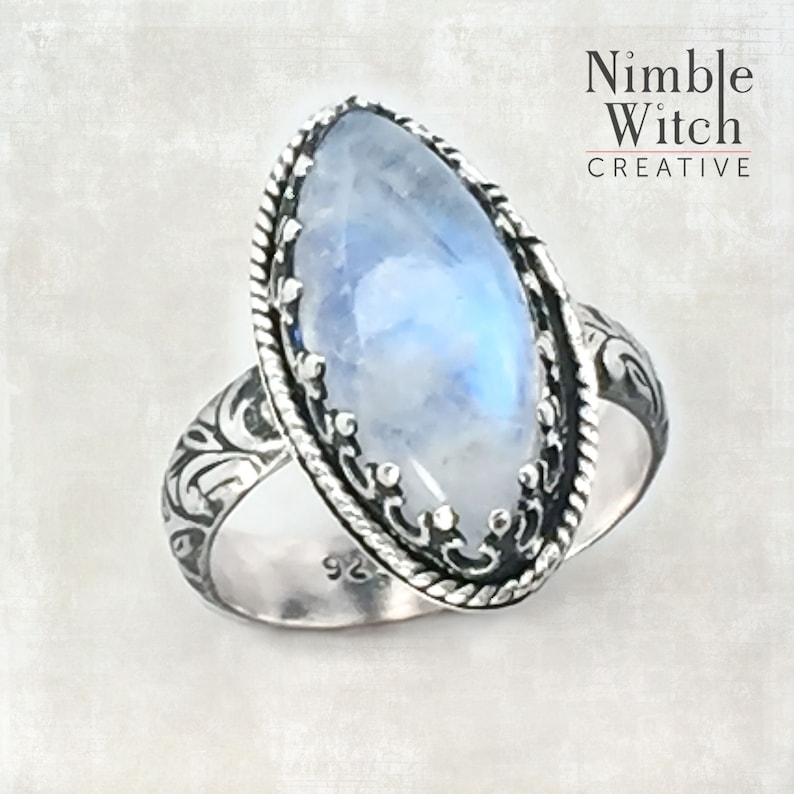 Rainbow moonstone ring Custom made to size. marquise cut gemstone in vintage style sterling silver