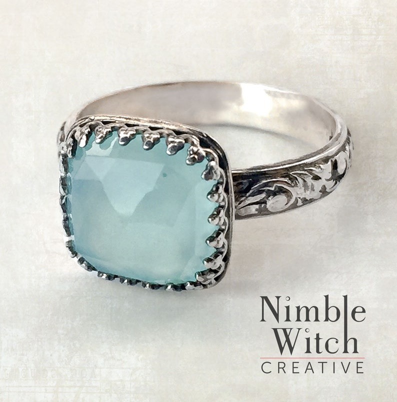 Aqua Chalcedony ring and ring sets. Natural blue gemstone in a sterling silver vintage style setting, custom made by artisan to any size image 4