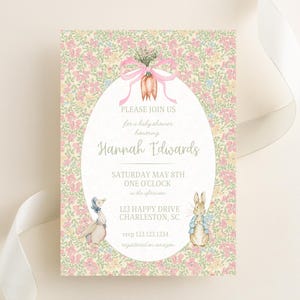 Invito floreale rosa Peter Rabbit l Baby Shower l Compleanno l Grandmillennial l Filastrocca