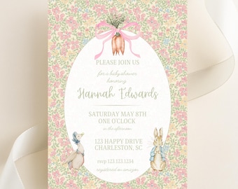 Pink Floral Peter Rabbit Invitation l Baby Shower l Birthday l Grandmillennial l Nursery Rhyme