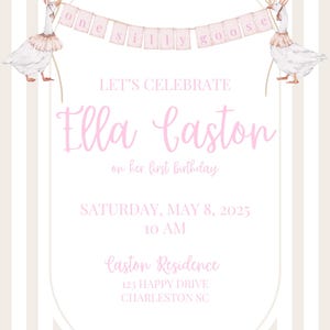 May include: A pink and white invitation with a striped background. The invitation is for Ella Caston's first birthday party. The invitation features two geese holding a banner that says "One Silly Goose".