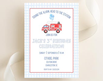 Grandmillennial Gingham Blue and Red Firetruck Birthday Invitation l Digital Download Fire Man invitation l Sound the Alarm l Fire Truck