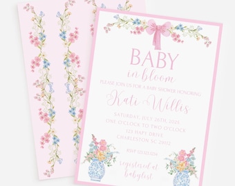 Grandmillennial baby in bloei aquarel roze bloemen babyshower uitnodiging l babyshower l gemberpot l blauwe chinoiserie l strik