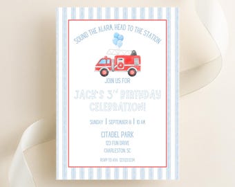 Grandmillennial Striped Blue and Red Firetruck Birthday Invitation l Digital Download l Fire Man invitation l Sound the Alarm l Fire Truck