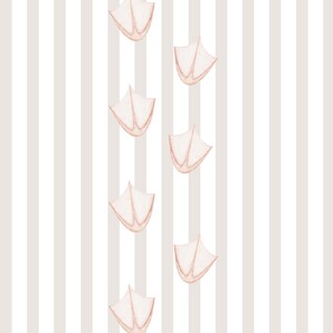 May include: A white and gray striped background with a series of pink duck footprints in a vertical line.