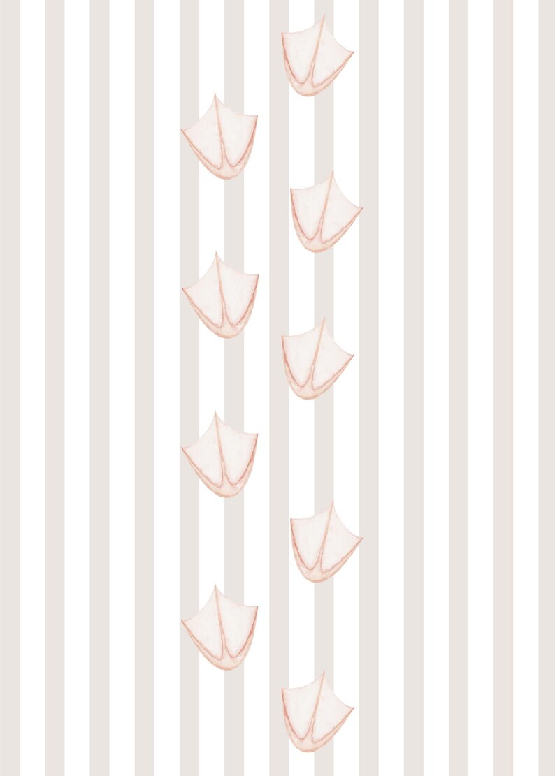 May include: A white and gray striped background with a series of pink duck footprints in a vertical line.
