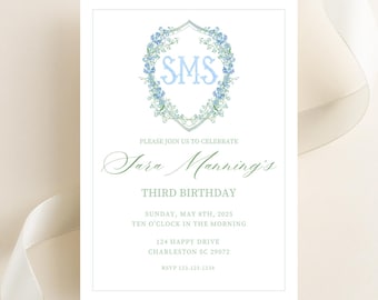 May include: A white invitation card with a blue and green floral wreath surrounding the monogram "SMS". The text "Please join us to celebrate Jara Manning's Third Birthday" is printed in green script font. The invitation details the date, time, address, and RSVP information.