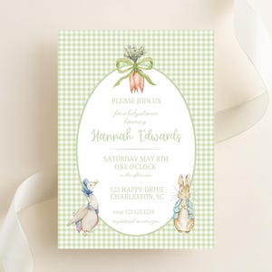 Invito Grandmillennial Peter Rabbit l Vichy verde l Invito personalizzato l Compleanno l Baby Shower l Beatrix Potter l Filastrocca
