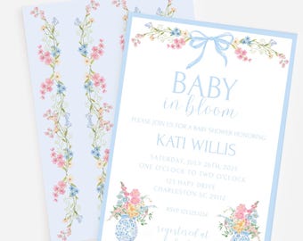 Grandmillennial baby in bloei aquarel blauwe bloemen babyshower uitnodiging l babyshower l gemberpot l blauwe chinoiserie l strik