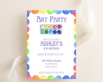 May include: A colourful invitation for an art party to celebrate Ashley's 8th birthday. The invitation features a watercolour painting of a paint palette and paintbrushes. The text reads "Art Party", "Join us to celebrate Ashley's 8th Birthday", "Sunday | October 8 | 10 AM", "Art Haven Studio", "124 Happy Drive", "Charleston, SC", and "RSVP to Caroline at 123.123.1234".