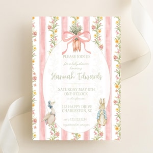 Invito a Peter Rabbit a righe floreali rosa l Baby Shower l Compleanno l Grandmillennial l Filastrocca l Modello per download digitale
