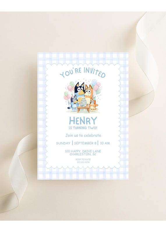 Bluey Invitation Digital Download l Birthday Party l Blue Dog Invitation l Birthday l Kids Birthday l Gingham l Grandmillennial