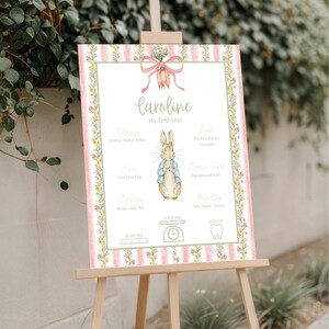 May include: A decorative sign on an easel, featuring a pink and white striped border with floral accents. The sign includes the name "Caroline" and a watercolor illustration of a rabbit. Measurements are in inches and pounds.