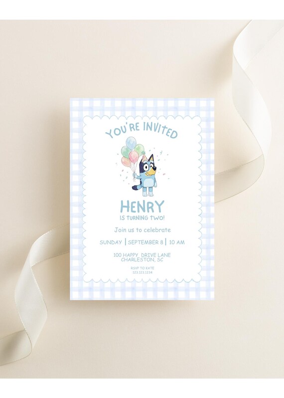 Bluey Invitation Digital Download l Birthday Party l Blue Dog Invitation l Birthday l Kids Birthday l Gingham l Grandmillennial