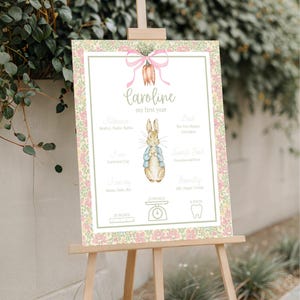 Op de afbeelding: Een lichtgroene en roze bedrukbare poster met een bloemige rand. De poster toont een cartoonkonijn met een blauw jasje en een roze strik. De poster is getiteld "Caroline, mijn eerste jaar" en bevat details over Carolines eerste jaar, zoals haar gewicht, lengte en favoriete eten.