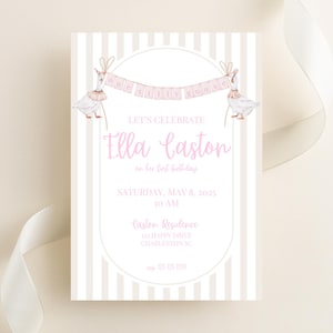 May include: A pink and white striped invitation with a banner that reads "one silly goose". The invitation is for Ella Caston's first birthday party. The party will be held on Saturday, May 8, 2025 at 10 AM at the Caston Residence, 123 Happy Drive, Charleston SC. The phone number is 123-123-1234.