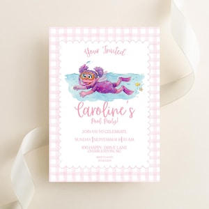 May include: A rectangular invitation card with a pink and white gingham border. The center features a watercolor illustration of a purple character swimming with a snorkel and mask. Text reads: Your Invited, Caroline's Pool Party, Sunday September 8 10 AM, 100 Happy Drive Lane Charleston, SC, RSVP to Kate 123.123.1234.