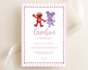 May include: A pink and white invitation card featuring Elmo and Abby Cadabby from Sesame Street. The card reads "Caroline is turning two!" and includes event details: Sunday, September 8, 10 AM, and a Charleston, SC address.