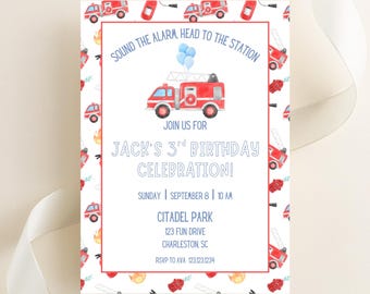 Grandmillennial Gingham Blue and Red Firetruck Birthday Invitation l Digital Download Fire Man invitation l Sound the Alarm l Fire Truck