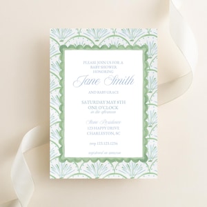 May include: Baby shower invitation with a green and white scalloped border and matching patterned background. The invitation text reads "Please join us for a baby shower honoring Jane Smith and Baby Grace."