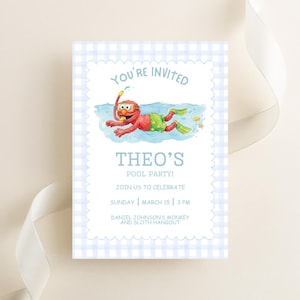 May include: A rectangular invitation card with a light blue gingham border featuring a watercolor illustration of a red character wearing a snorkel, mask, and green swim trunks. Text reads: YOU'RE INVITED, THEO'S POOL PARTY, JOIN US TO CELEBRATE, SUNDAY | MARCH 15 | 3 PM, DANIEL JOHNSON'S MONKEY AND SLOTH HANGOUT.