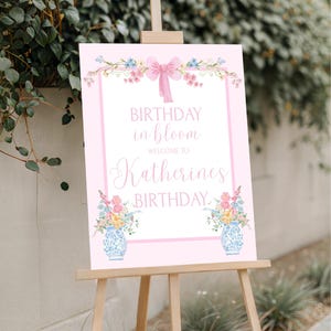 Birthday In Bloom Blue Watercolor Birthday Party Welcome Sign l Poster l Grandmillennial l Birthday l Digital Download l Floral l Bow l Pink