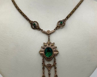 Vintage 15" Gold Filled Choker Lariat Necklace Green Stones Emerald