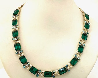 Vintage 17.5" Emerald Rhinestone Adjustable Choker Necklace Free Shipping