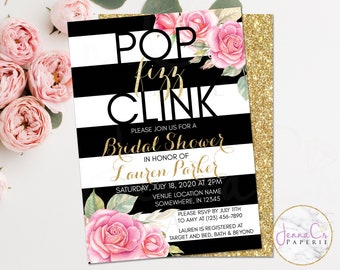 Floral Bridal Shower Invitation: Gold Glitter, Black Stripes (Printable)