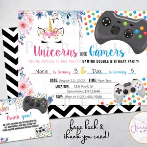 Invitation thème Gamer Licorne | Parfait pour un double anniversaire de jumeaux | Téléchargement numérique instantané | Remplissez vos informations | Retour et merci