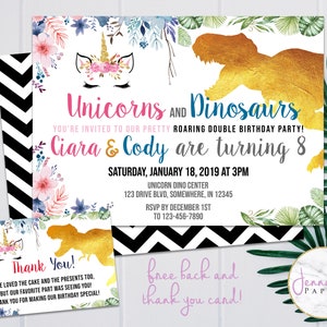 Dinosaur Unicorn Invitation, Sibling Birthday, Twin Invitation, Dinosaur Invitation, Instant Digital Download, Printable Invite, Drive By