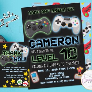 Video Game verjaardagsuitnodiging, gamecontroller, Arcade Console, digitale download, Gamer themafeest nodigt, tienerkinderen, gratis bedankkaart