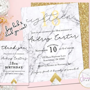 Achttiende verjaardagsuitnodigingen, Sweet Sixteen nodigt, Marble Blush Pink, Gold Glitter, Classy en Elegant, Gratis Bedankkaart, Digitaal