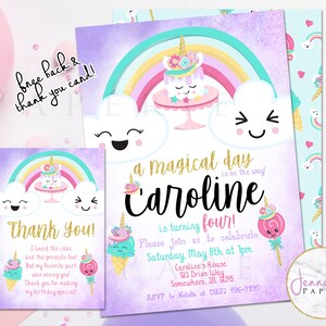 Unicorn snoep verjaardagsuitnodigingen, ijstaart, paars en roze regenboogthema, gratis bedankkaart, magische gouden glitter, feestuitnodigingen