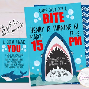 Shark Bite Birthday Invitations, Great White Shark Theme, Party Invites, Big Teeth Jaws, Digital Download, Free Thank You Card, Customizable