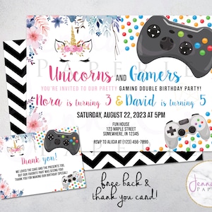 Unicorn video game Twin afdrukbare verjaardagsuitnodiging - dubbele partij - bloemen - Gamer - gratis bedankkaart, digitaal, roze, blauw, groen, rood
