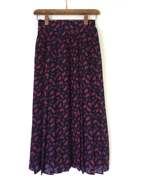 Vintage 80s Navy Paisley Midi Pleated Skirt