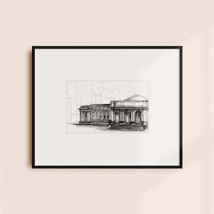 Puede incluir: Dibujo en blanco y negro de un edificio con columnas y una gran entrada. El dibujo está enmarcado en un marco negro.