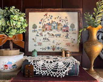 Stampa incorniciata con finto ricamo ispirata al cuore dell'America rurale / Decorazione murale in stile rustico/villaggio/cottage/farmhouse