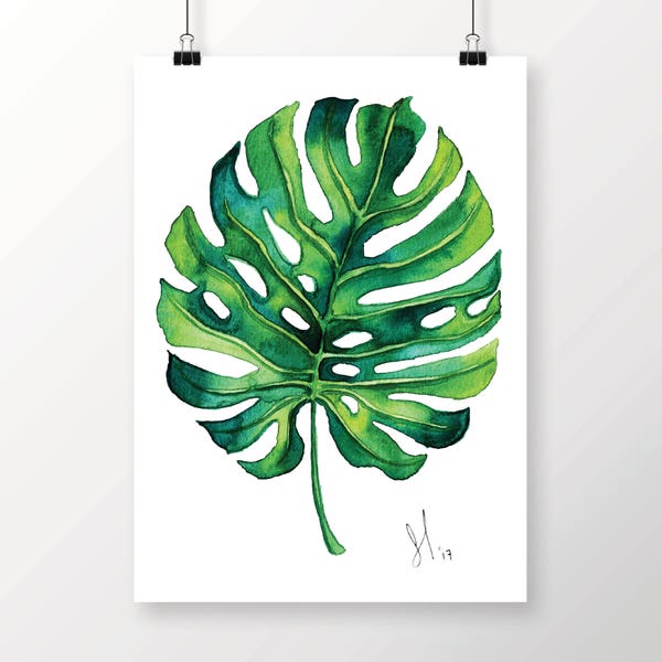 Monstera leaf Tropical Watercolor DIGITAL PRINT- Watercolor Printable Botanical Illustration- Wall Art Print- 8x10 Instant Download