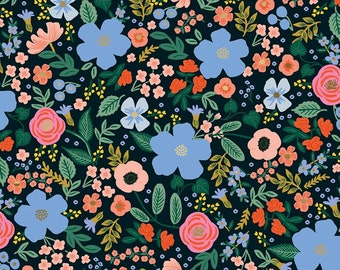 Cotton and Steel - Primavera by Rifle Paper Co - Wild Rose Blue Black Metallic - Sold by the yard