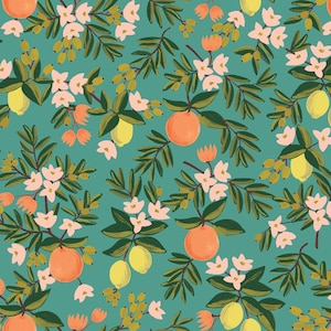 Cotton and Steel - Primavera by Rifle Paper Co - Citrus Floral in Teal - Sold by the yard