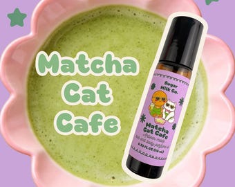 Matcha Cat Cafe Perfume Roll On | Green Tea Milk Vanilla Scent | Gourmand Dessert | Hair & Body | Long Lasting