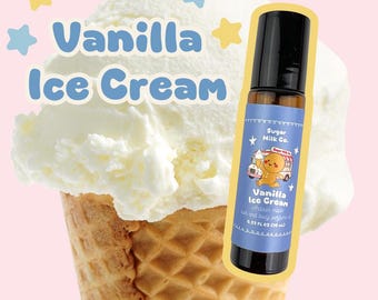 May include: A roll-on bottle of Vanilla Ice Cream fragrance next to a scoop of vanilla ice cream in a waffle cone. The bottle has a blue label with a cartoon bear and ice cream truck. The text "Vanilla Ice Cream" is above the ice cream.