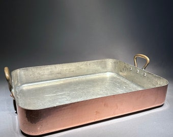 MADE IN FRANCE Massive High Quality Vintage French Hand Hammered Copper Tin Lined Rivets Roasting Pan 24"x18"x4" Heavy Gage 3MM Chef Gift