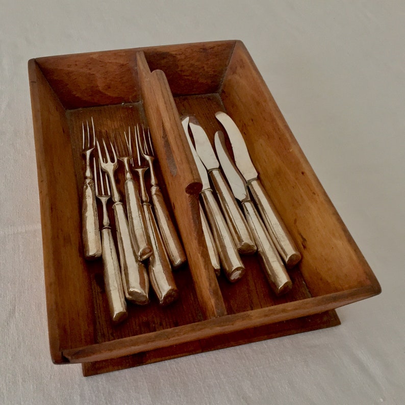 Vintage Divided Cutlery Tray Handmade American Wooden Knife Box Rustic