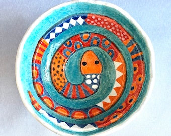 Handmade Ceramic Snake Bowl Colorful 3D Coiled Snake in Small Ceramic Bowl Ceramic Art Pottery Blue Orange Red  Bowl