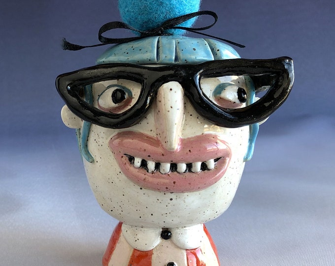 Little Ceramic Face Jar Pincushion Pin Jar Lady With Glasses and Blue