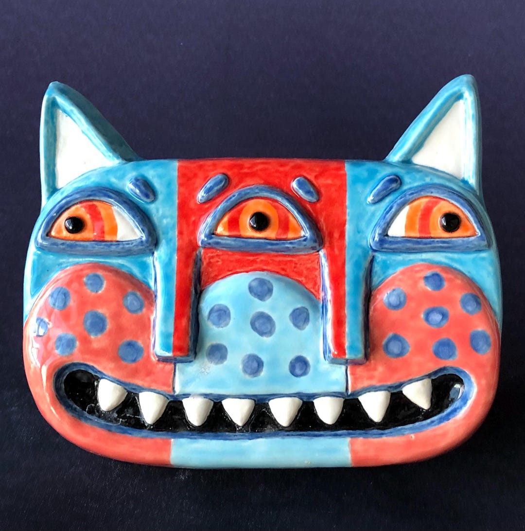 Two-faced Cat Ceramic Wall Mask in Red and Blue - Etsy